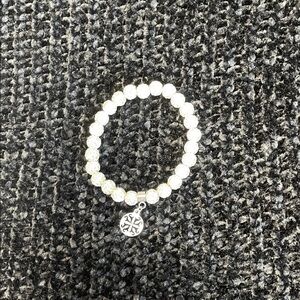 Rustic Cuff White Beaded Bracelet with Silver Charm